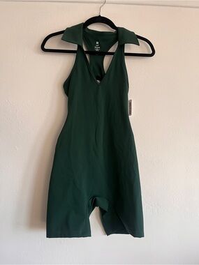 Dark Green Sleeveless Collared V-Neck Active Romper